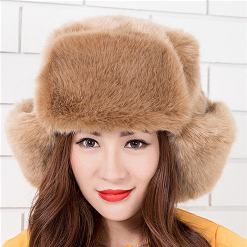 Sombreros de estilo cosaco ruso para mujer, gorros de piel sintética, cálidos, de invierno, con protección para las orejas, color negro, 027: Camel