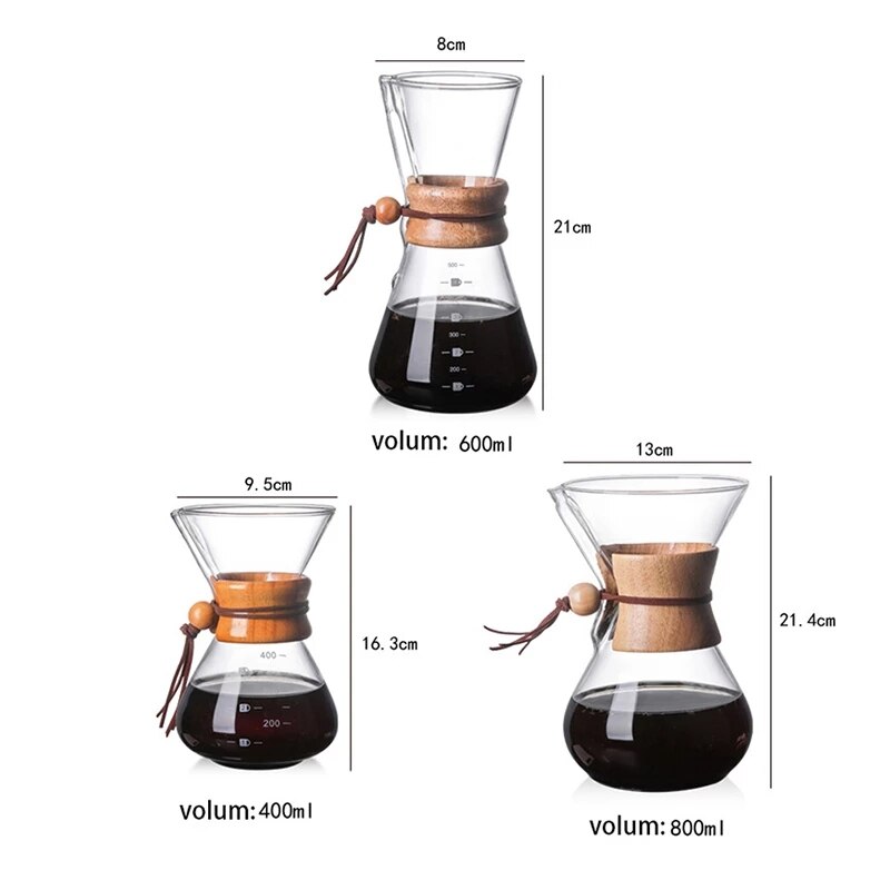 Cafetière en verre résistante avec filtre en acier inoxydable, Anti-brûlure, poignée en bois, cafetière à expresso, outils de Barista
