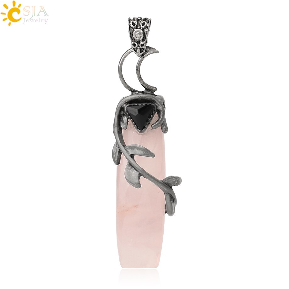 CSJA Antique Silver Color Pendant Necklaces Natural Crystal Stones Leaves Winding Faceted Rectangle Long Pendants Women Men G587: Rose Quartz