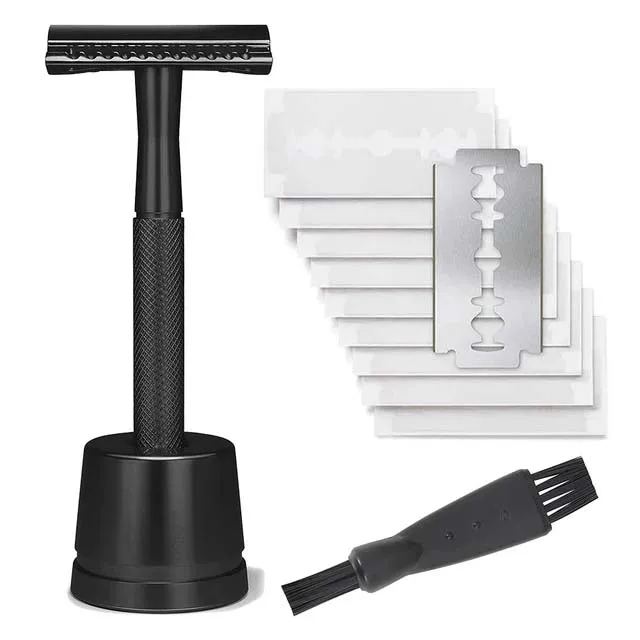 Rasoir de sécurité à double tranchant en acier inoxydable pour hommes, support de rasoir en métal, rasoir en métal pour homme avec base de rasoir: Argent