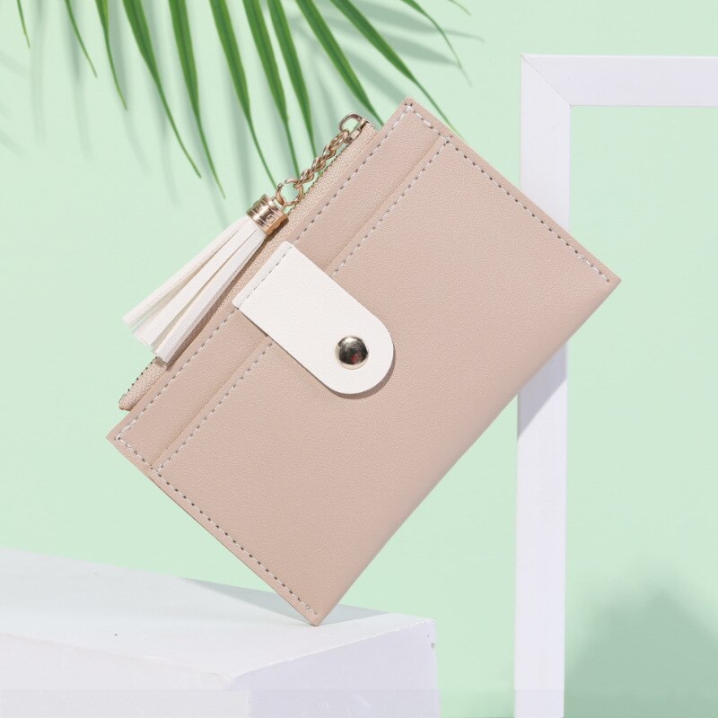 Dames portemonnee pu kleine portemonnee munt portemonnee ultra dunne dames kaarttas kwastje studenten bankpas verpakking voor vrouwen kort: Khaki