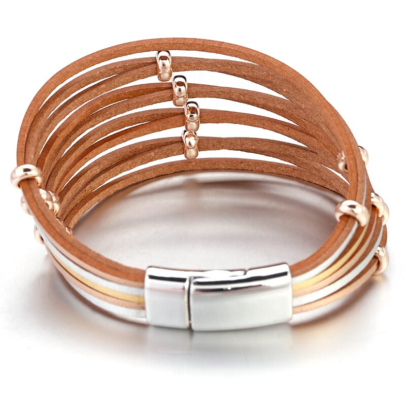Amorcome Simple Boho Cross Net Hole Leather Bracelets for Women Crystal Metal Beads Multilayer Wide Wrap Bracelet Female Jewelry