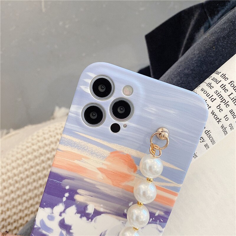 Pearl rhinestone wrist bracelet Scenery Japan Sea Wave case For iphone 12 11 Pro Max X XR Xs max 7 8Plus SE2020 Protective case