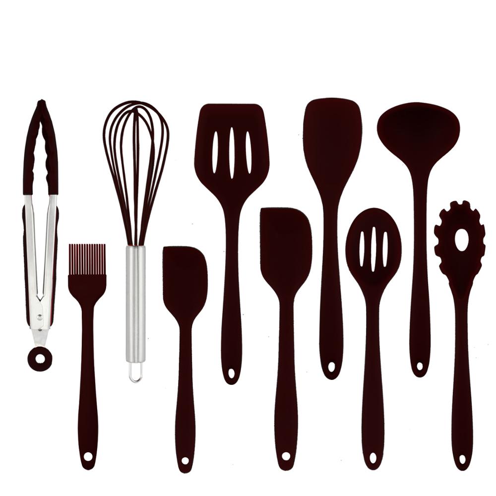 12 Pçs Siliconen Utensílio De Cozinha Conjunto Bpa Livre Não Tóxico Utensílios De Cozinha Alça De Madeira Com Caixa De armazename: Donkergrijs