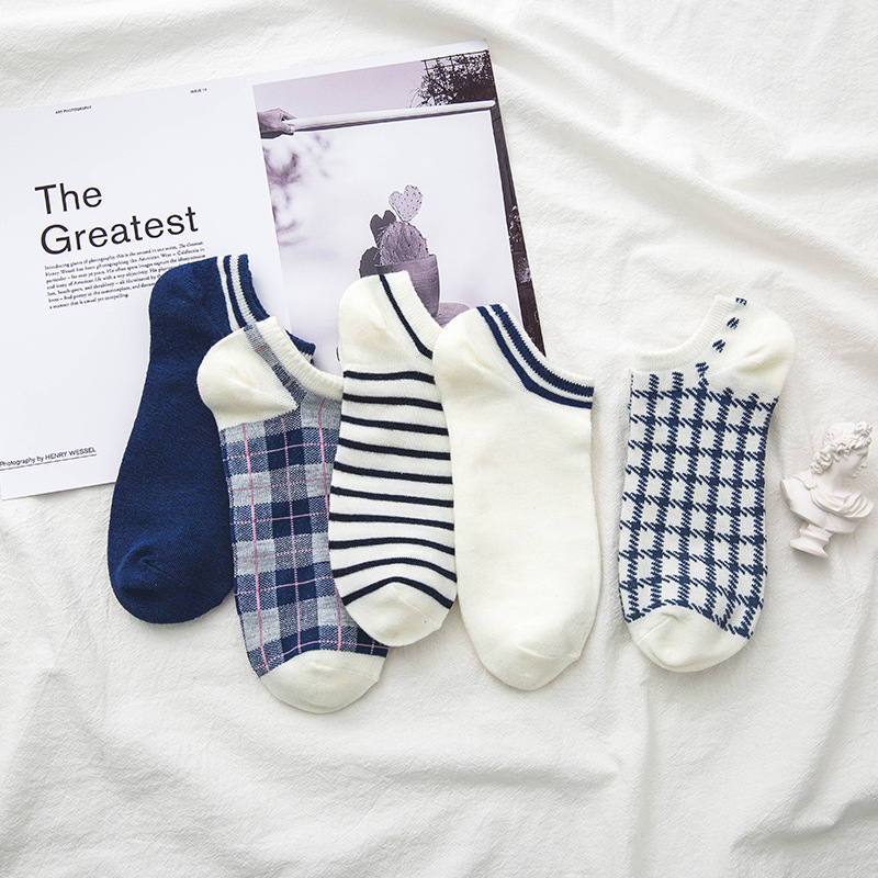 Ensemble de chaussettes pour femmes, fines, bleues, à carreaux, motif d'ours chat, Tube bas en coton, mignonnes chaussettes de sport pour filles, respirantes, d'équipage, Kawaii, printemps été