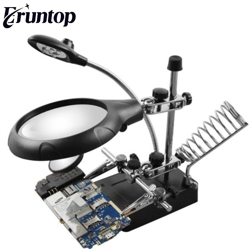 Welding magnifying glass 5 LED Light Auxiliary Clip loupe Magnifier 3 In1 Hand Soldering Solder Iron Stand Holder Station