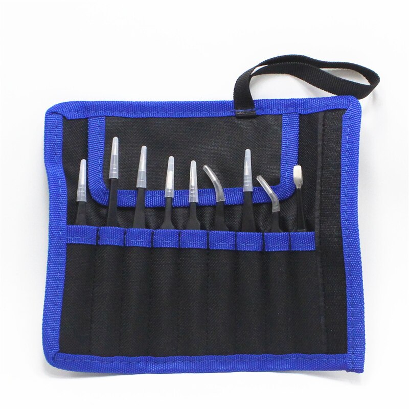 9 teile/satz ESD Anti-Statische Edelstahl Pinzette Set Kit Mit Tasche Für Elektronik Schmuck Präzision Reparatur Werkzeuge