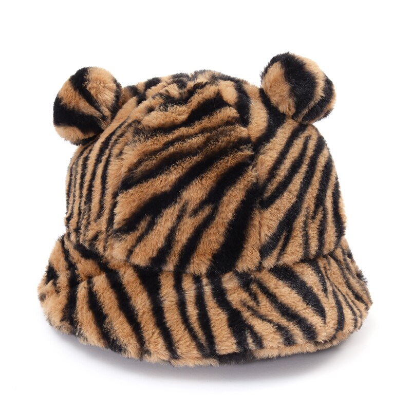 Vinter leopard bjørn øre spand hat kvinder tyk varm imiteret pels fiskekasketter bob piger plys blød panama vinter hat: Zebra øre 2