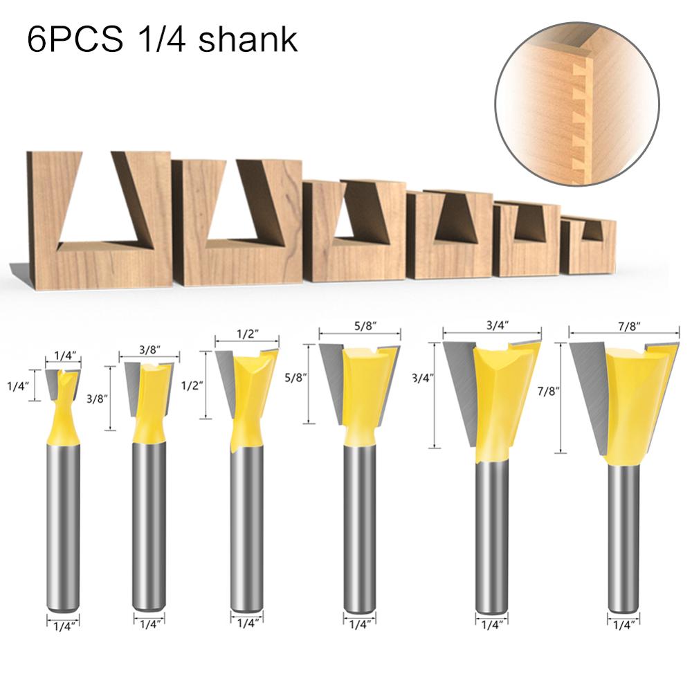 6pcs 6mm Shank 1/4 Dovetail Joint Router Bits Set 14 Degree Woodworking Engraving Bit Milling Cutter for Wood