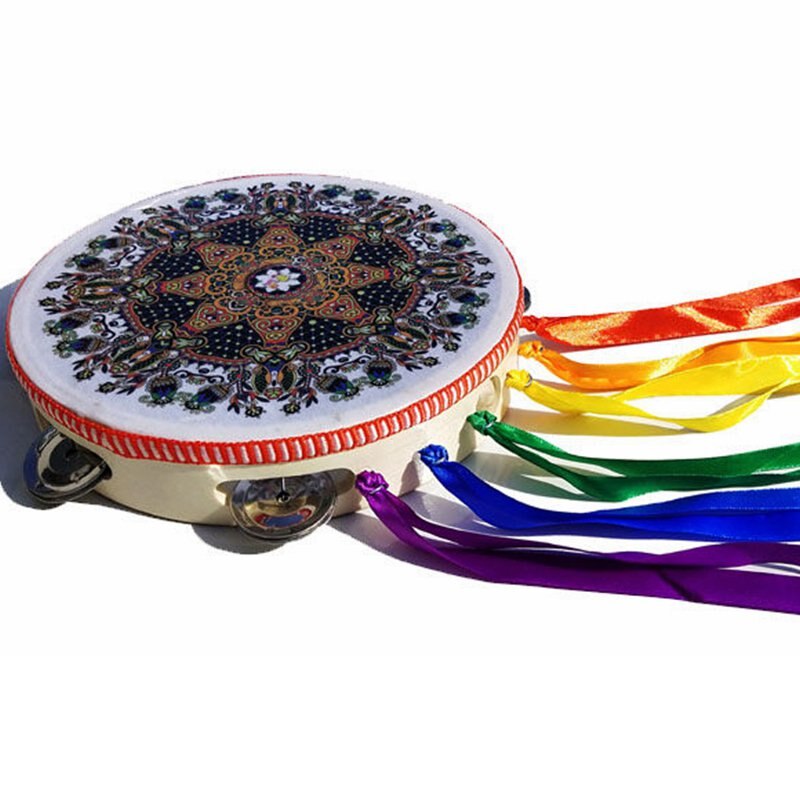 Tambour à main avec ruban, décoration de glands colorés pour la danse folklorique, 20CM, Style chinois, caractéristique, cloche, Percussion, Instrument de musique,