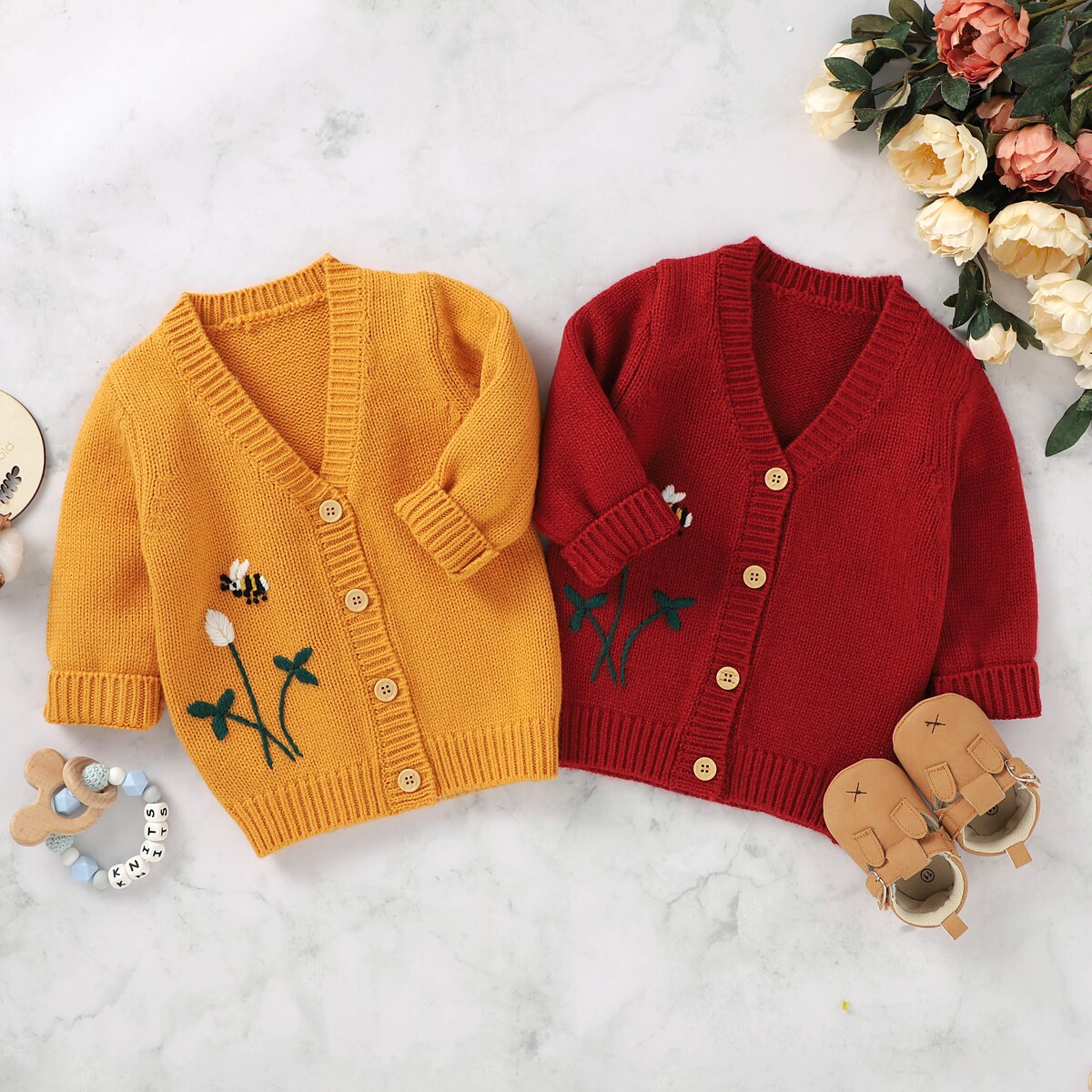Efterår vinter børn baby sweatere leopard broderi strik frakke spædbarn baby pige dreng v-hals knapper sweatere cardigans overtøj