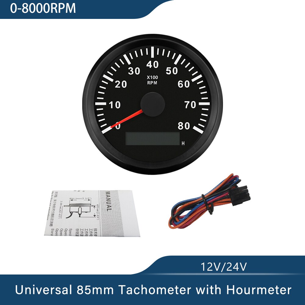 85mm Tachometer RPM REV Counter 3K 4K 6K 7K 8K RPM with LED Hourmeter Car Truck Boat Universal Outboard Red Backlight: 8K-BN