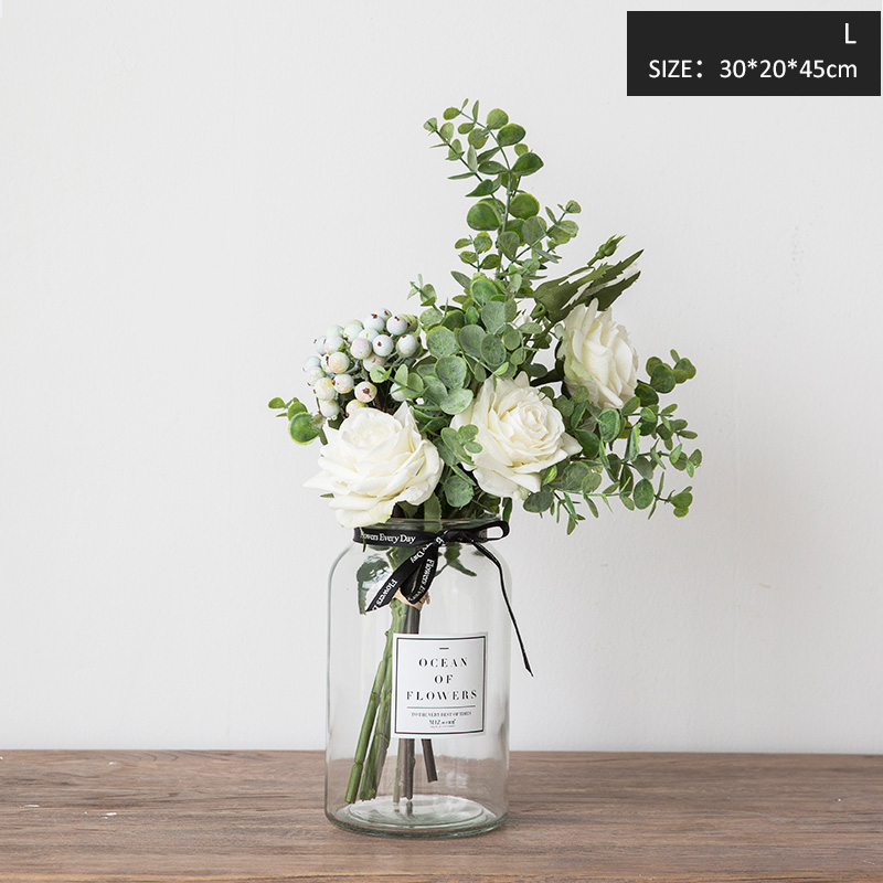 Miz Artificial Flowers for Wedding Vases for Flowers Home Decor Artificial Flower Bouquet with Vase Wedding Table Decoration: white L