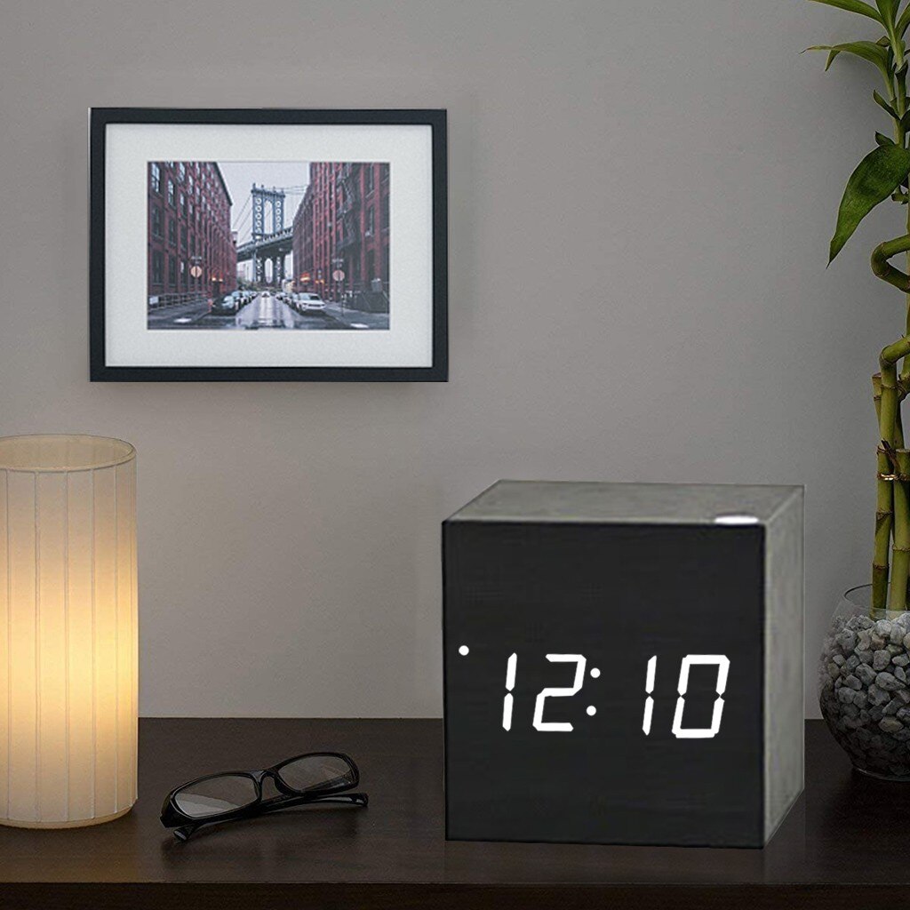 Voice Control Led Clock Luminous Square Wooden Clock Wooden Alarm Clock Silent Temperature Alarm White/Black/Brown