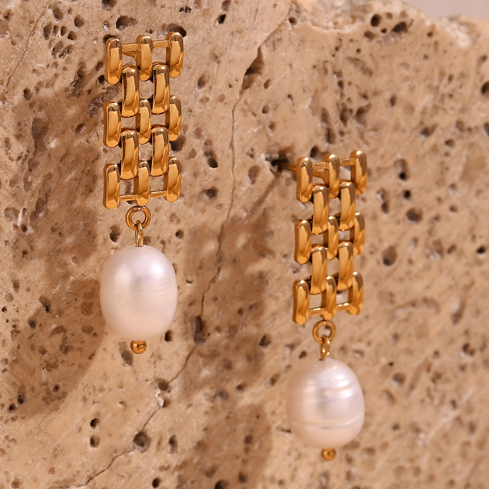 E.B.belle Watch Chain Egg Shape Pearl Pendant Stud Earring Gold Color Stainless Steel Accessories 18K Gold Plated Women