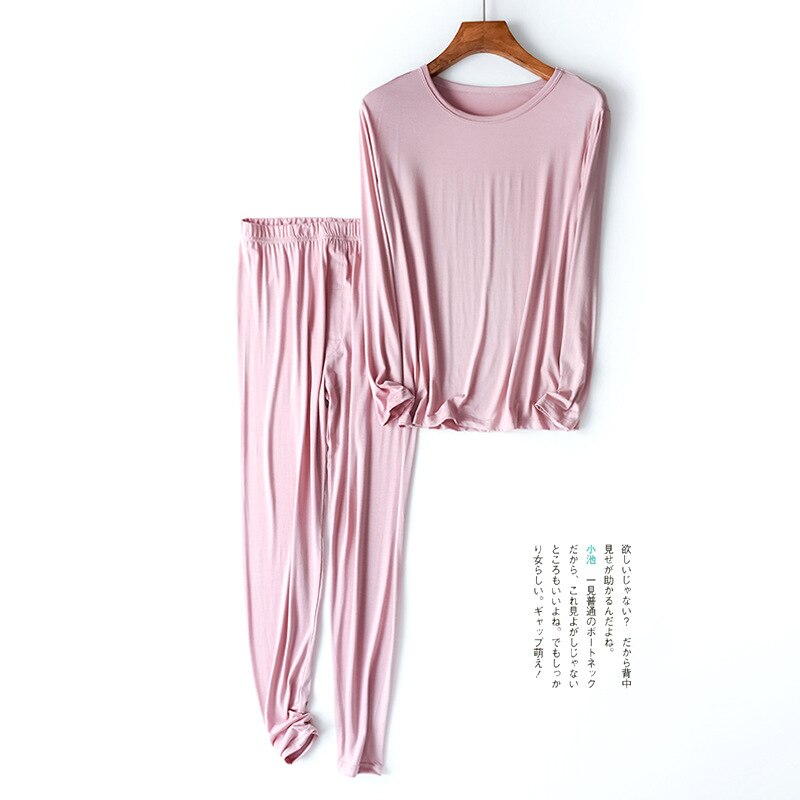 Pyjama en coton Modal pour homme, vêtements de nuit à manches longues, couleur unie, ample, grande taille, tenue de maison, printemps, 95%: Pink Set / L(60-70kg)