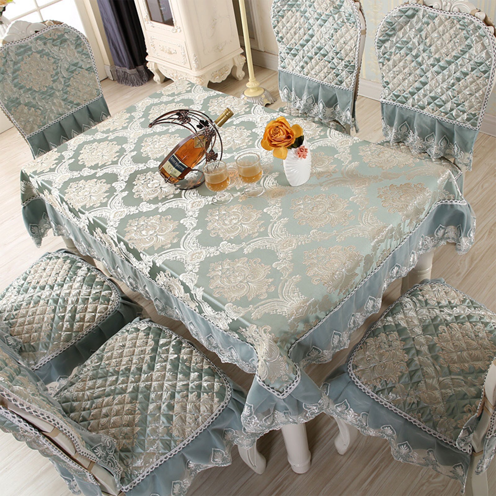 Europæisk stil spisebordsstolbetræk sæt spisestue tekstil blonder rektangulær dug blød tyk stolbetræk/hynde