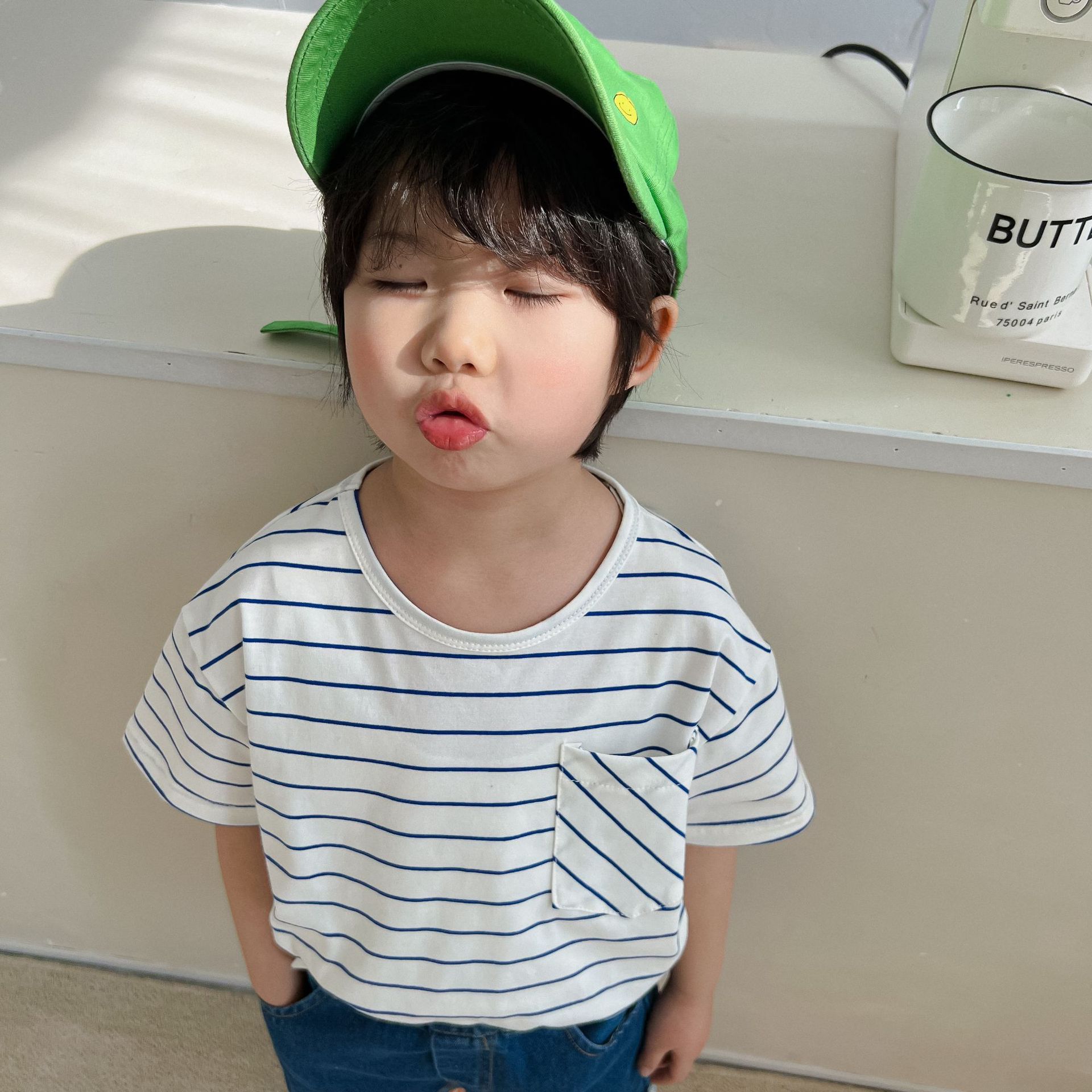 Summer Unisex simple white striped Tees Kids short sleeve cotton all-match T shirts: blue stripe / 12M