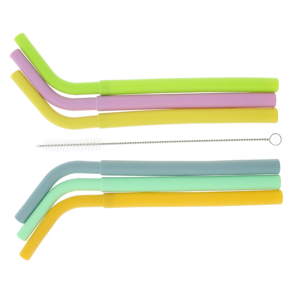 6pcs Silicone Flexible Reusable Straight Bendy Drinking Straws + Cleaning Brush Set for Elderly Patients