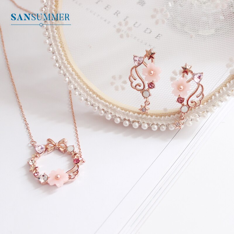 SANSUMMER Vrouwen Sieraden Sets Meisje Goud Roze Boog Sakura Earring Ketting Zoete Mooie Metalen Vrouwelijke Sieraden Sets 5709