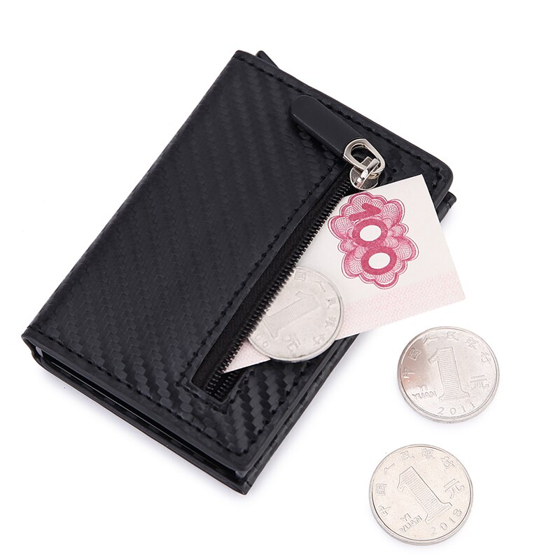 DIENQI Anti Rfid id Card Holder Case Men Leather Metal Wallet Male Coin Purse Women Mini Carbon Credit Card Holder With Zipper: carbon black