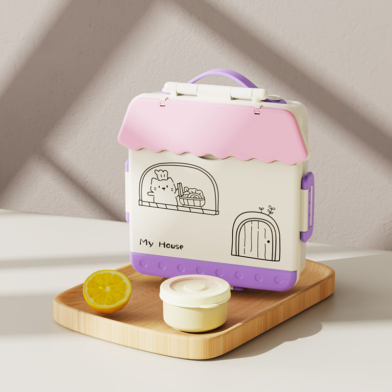 Uroczy plastikowy pojemnik na obiad z przegródkami, kreskówkowy pojemnik na jedzenie z pokrywkami, przenośny lunchbox bento dla uczniów i pracowników biurowych.: FIOLETOWY