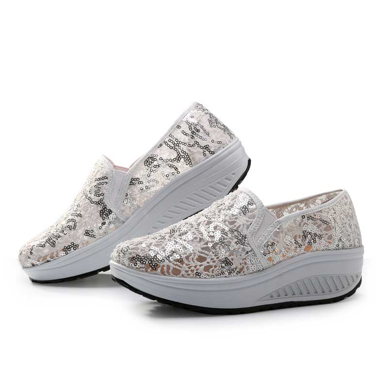 Eofk Vrouwen Flats Platform Sneakers Zomer Casual Moccasions Dames Loafers Bling Glitter Ademend Mesh Schoenen Vrouw Schoenen: WHITE / 9