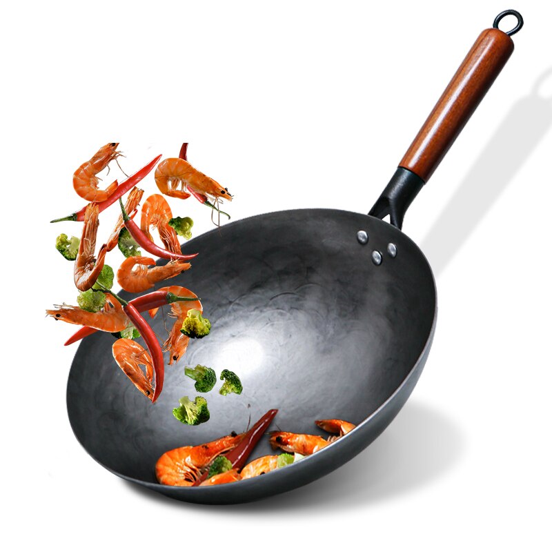 Iron wok China Traditional Wok Handmade Non-coating Woks with Wooden Handle For Kitchen Gas Cookware 1 to 2 People