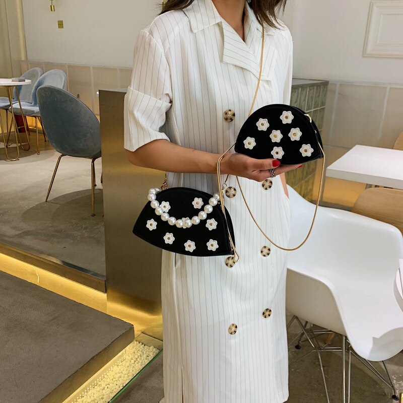 Pu Lederen Bloem Patchwork Tas Solid Casual Zoete Parel Handtas Met Ketting Vrouwen Portemonnee Schoudertas Party Pouch