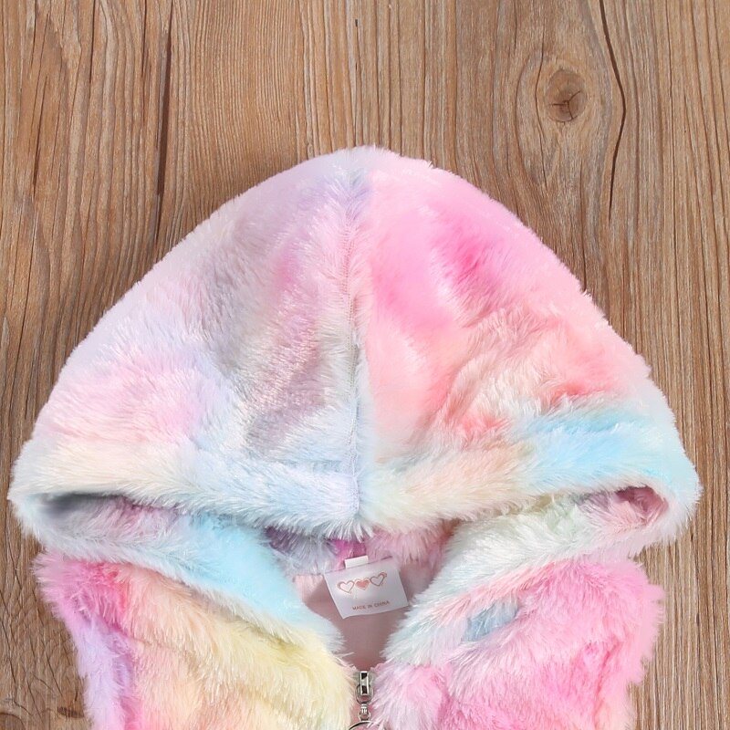Focusnorm efterår vinter baby piger vest tie-dye trykt pels ærmeløs lynlås hætteklædte varme dejlige frakker 1-6y