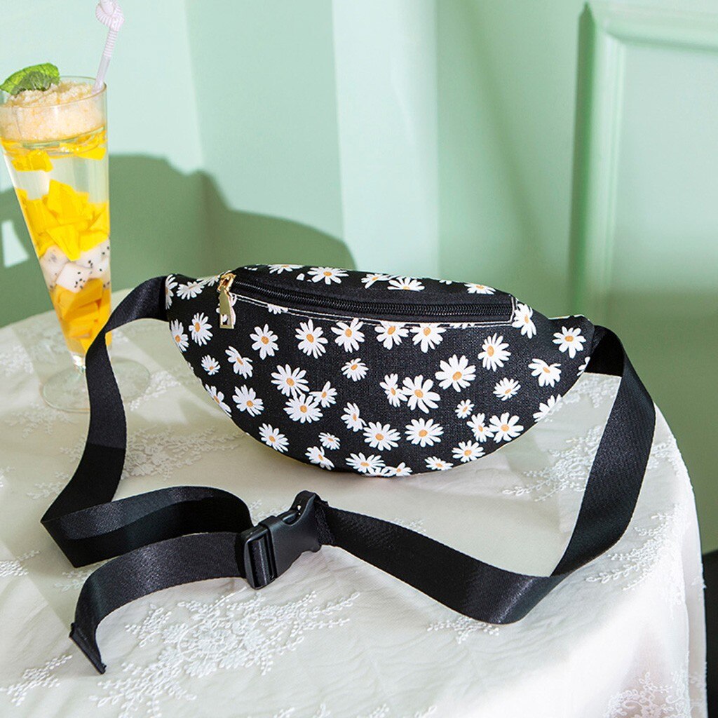 Women Flowers Zipper Messenger Bag Beach Chest Bag Waist Bag Phone Bag Outdoors Sports Bag Woman Decorate Bag#4: Black 