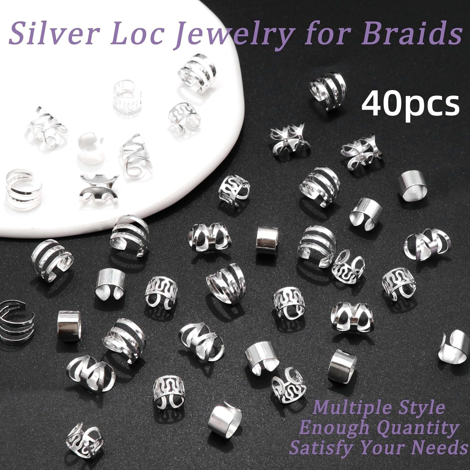 40 Uds joyería para el cabello para trenzas puños dorados para el cabello anillos multiestilo cuentas para el cabello ajustables para trenza Loc accesorios para rastas: Plata