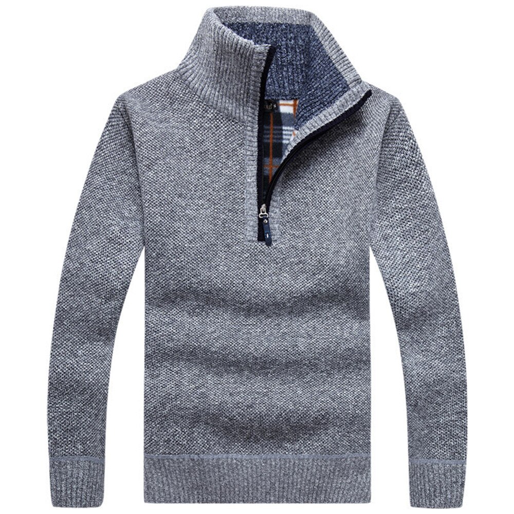 Herre tykke varme striktrøjer efterår solid langærmet rullekrave trøjer halv lynlås varm fleece vinter behagelig frakke mandlig: Grå / Xl