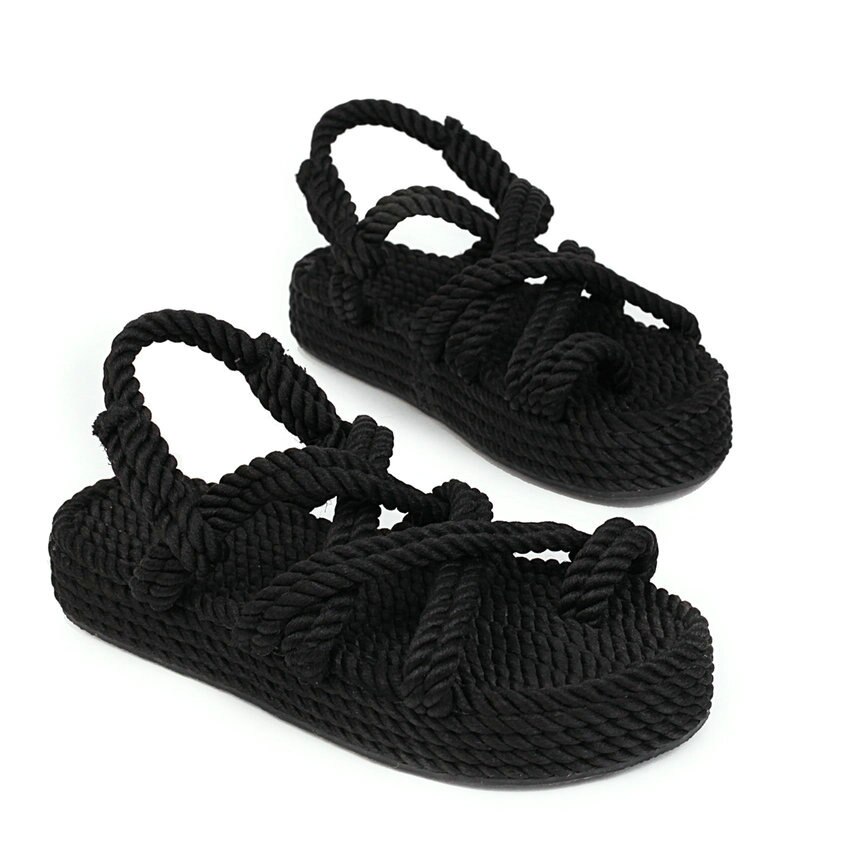 Qutaa platform nylon slingback sommer strand kvinder sko kilehæl foran bageste rem alle match dame sandaler stor størrelse 34-43: Sort / 5