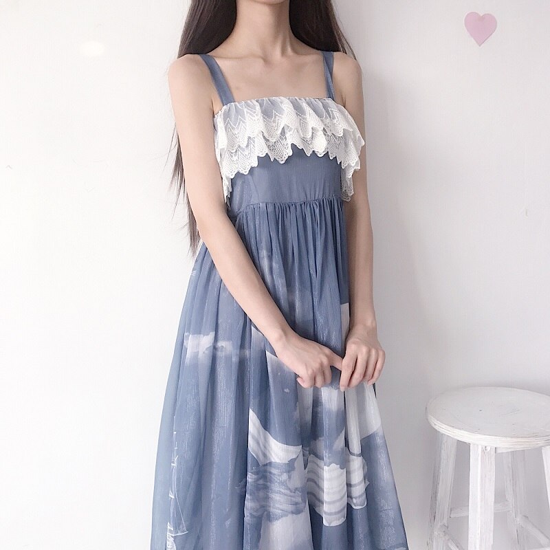 Gotisk lolita kjole kvinder kawaii tøj lolisømme chiffon hofteholder kjole + langærmet langærmet studerende hvid skjorte: Blå