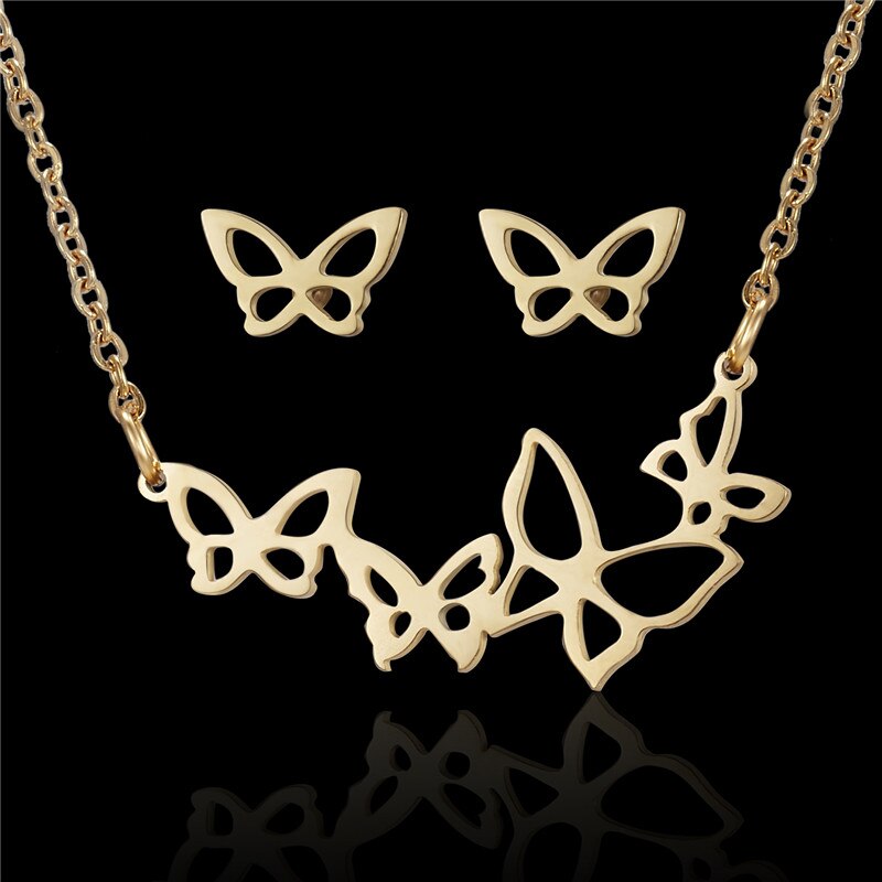 Rinhoo Dier Vlinder Rvs Hanger Ketting Sets Voor Vrouwen Kat Visgraten Ketting Oorbellen Sieraden: Butterfly-3