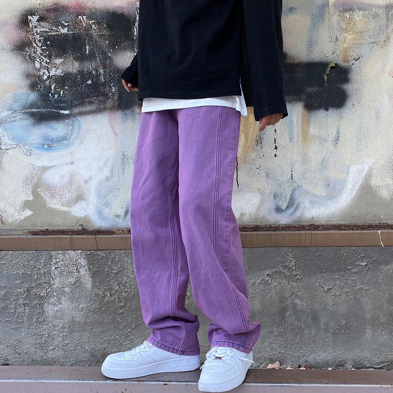 Japanese Men Jeans Purple Green Loose Straight Vintage Casual Streetwear Skateboard Dance Denim Cargo Baggy Pants: purple / S Fit 40-47KG