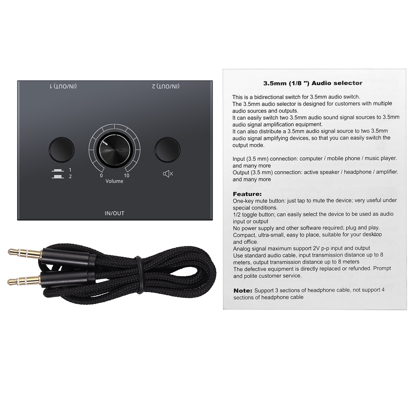 Neoteck 2 way /4 way 3.5mm audio switch switcher 2 x 1/1 x 2 or 4 x 1/1 x 4 audio switcher splitter med 3.5mm kabel för högtalare