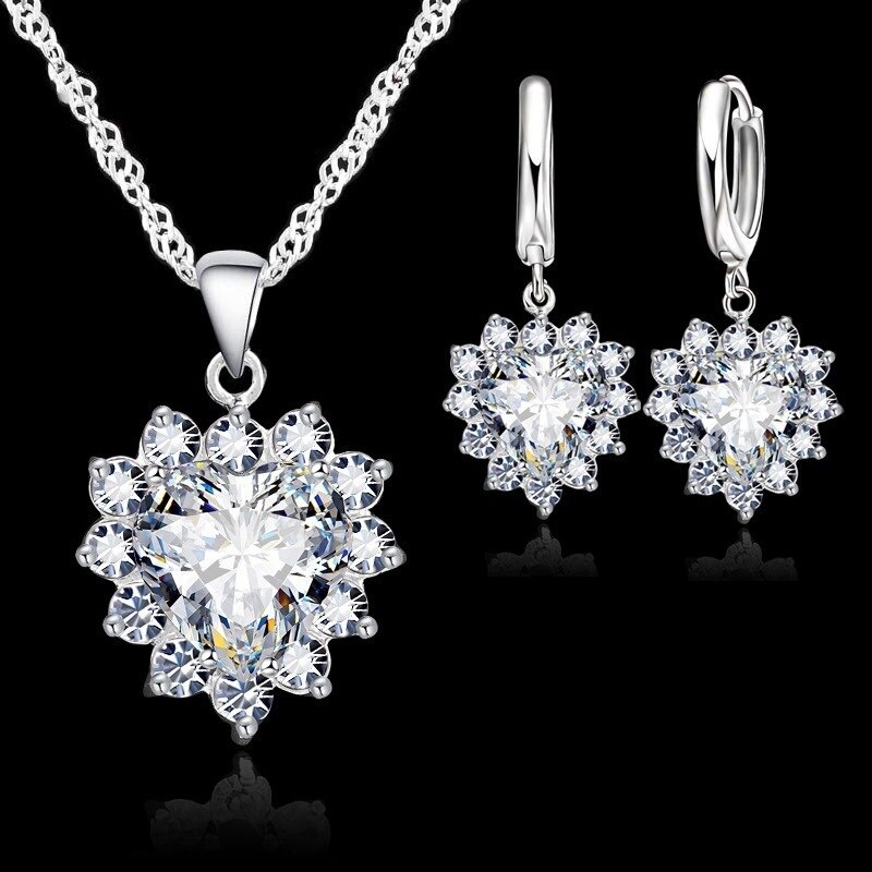 Conjunto de joyería de plata de ley 925 para mujer, colgante de corazón de piedra CZ, collar, pendientes, de cumpleaños: C