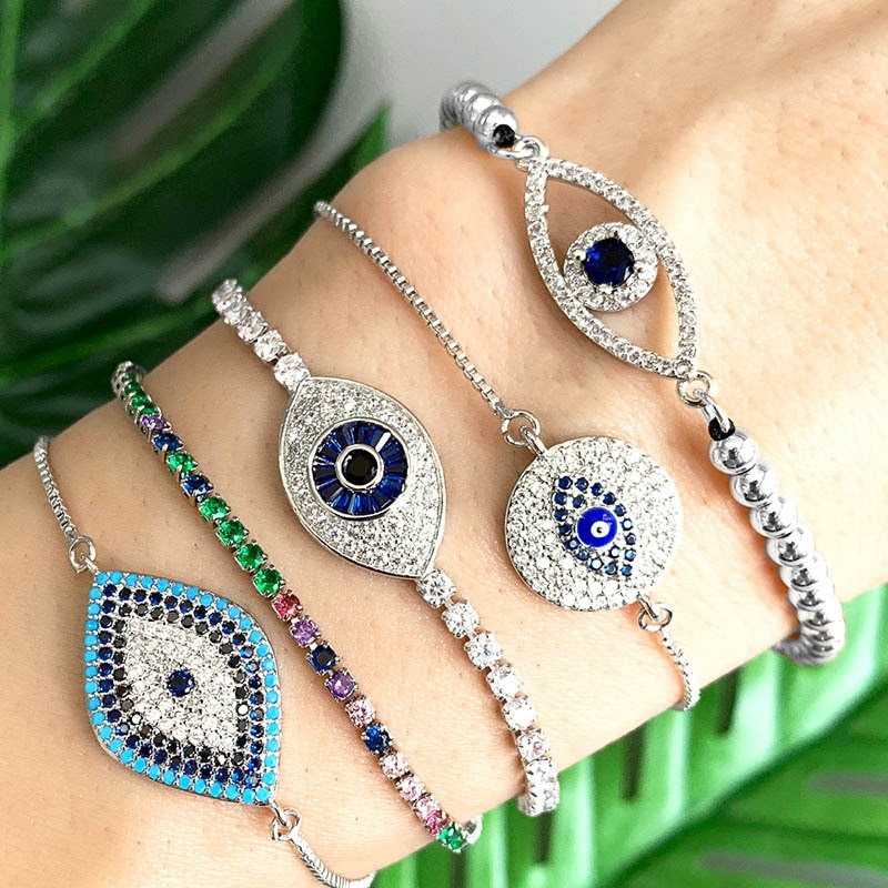 Blue Evil Eye Armband Voor Vrouwen Regenboog Turkse Kraal Koperen Inlay Zirkoon Vintage Kristal Armband Bruiloft Sieraden