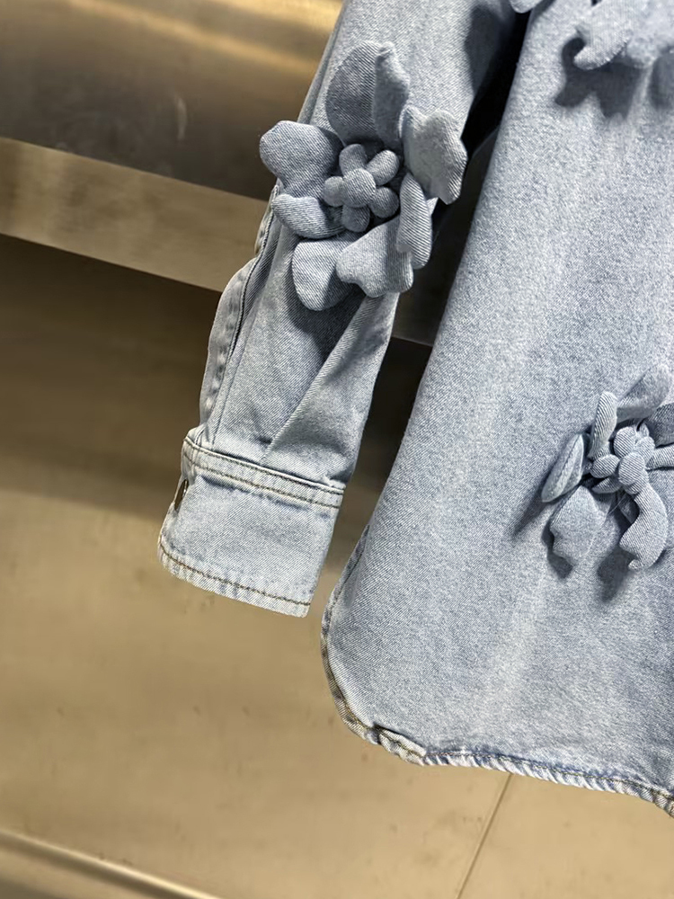Vgh solide Patchwork Applikationen lässige Jeans jacken für Frauen Revers Langarm minimalist ischen losen Mäntel weiblichen Modestil
