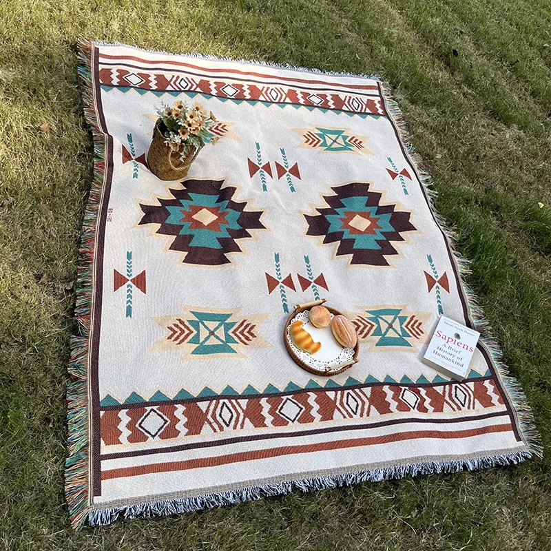 Nueva estera de Picnic a cuadros bohemia, manta para acampar en interiores y exteriores, tela de Picnic de punto portátil, funda para sofá, mantas para tienda: 100 x 150 cm / Blanco