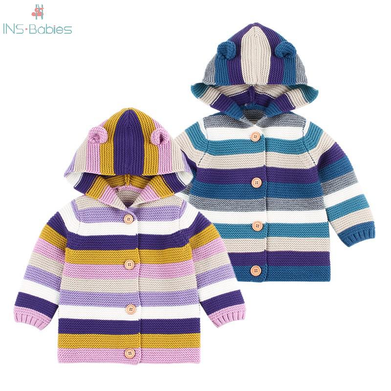 Appena nato del bambino delle ragazze Dei vestiti Dei Bambini Della Banda dell'arcobaleno giacche per il ragazzo ah Lavorato A Maglia cardigan di Autunno con carino Orecchio Felpa con Cappuccio Cappotto Del bambino Della Ragazza