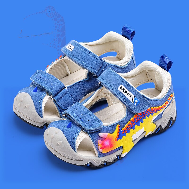 Dino Zomer Jongens Kinderen Sandalen Knipperende Dinosaurus Lederen Kids Led Light Up Casual Outdoor Strand Schoenen Ademend Sandaal 27-34: Sky-LED / 29 (US size 12)