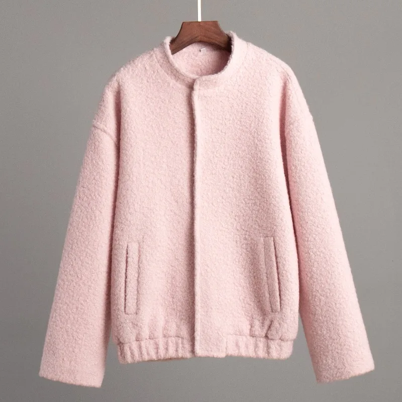 Tuularose höstpälsjacka dam rosa lös långärmad förtjockad kappa avslappnad standkrage knapp varm jacka dam