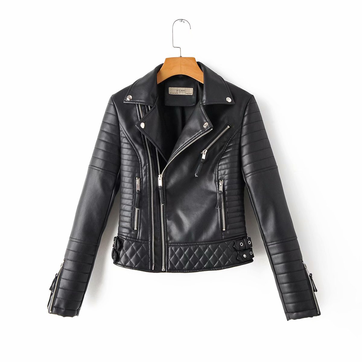 Women's Leather Jacket Motorcycle Autumn Long Sleeve Zipper Soft Faux Leather Jackets White Ladies Female Coats Outerwear: Black / L