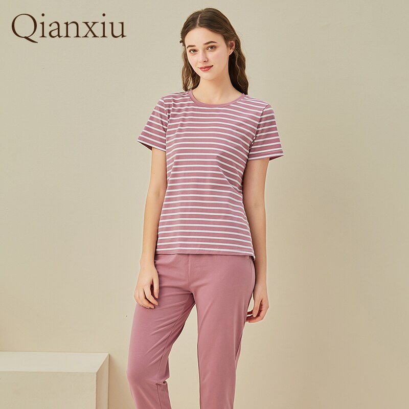 Spring Autumn Women Casual Striped pajama sets Female short sleeve Round Collar T shirt & Pants Ladies Cotton Sleepwear suit