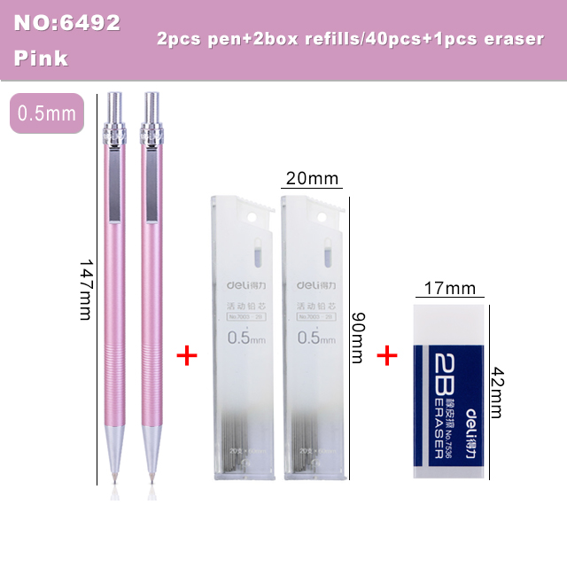 Deli Metal Mechanical Pencil 0.5 0.7mm Lead 2B Drawing Writing Activity Pencils For Artist School And Office Stationeries: 6492-Pink-0.5mm