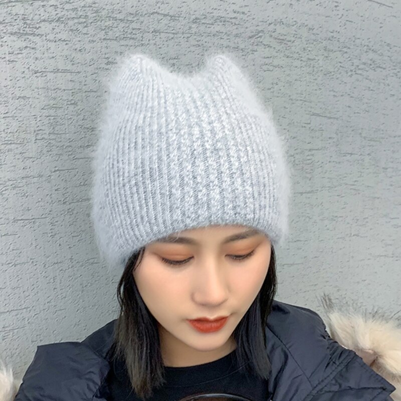 Gorro de lana de imitación con orejas de gatito para mujer, gorro de lana de imitación con orejas de gato, cálido, Color sólido