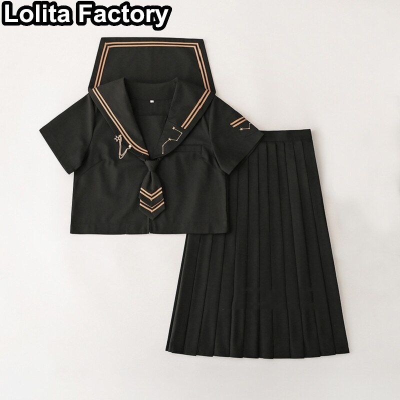 Gothic JK Sailor Suit Japanese Women girl uniform black Short/long Sleeve School Uniforms Pleated long skirt college Uniform Set: style 2 Short sleeve / S